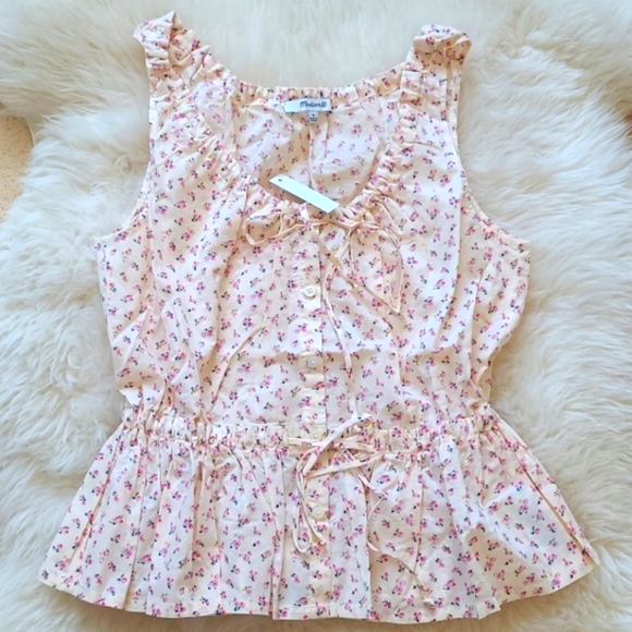 MADEWELL Cream Floral Drawstring Sleeveless Tank Blouse - Picture 3 of 10